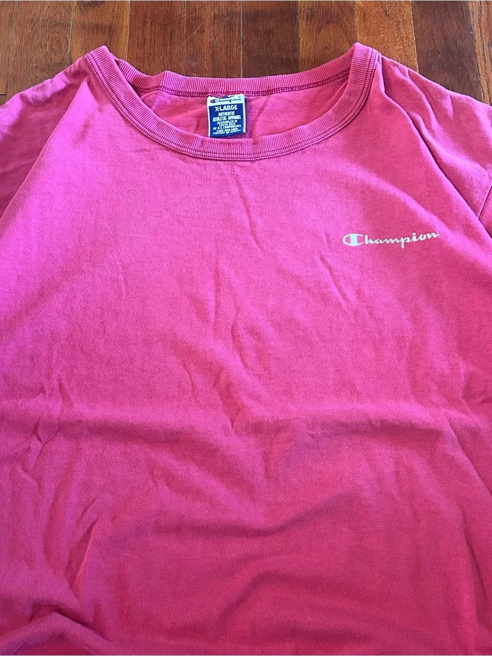 Vintage ‘90s Champion Essential Spellout Faded Red Cotton Crewneck T-shirt XL - Picture 3 of 9